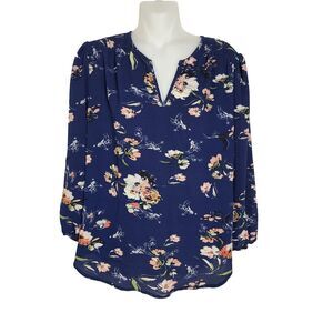 Fun 2 Fun Womens Top Size Medium Kenmore Split Neck Blouse Floral Blue Smocking